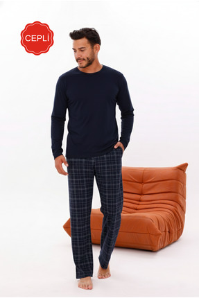 Pijamasoft Erkek Lacivert Ekose Baskılı Pamuklu Örme Uzun Kollu Cepli Pijama ...