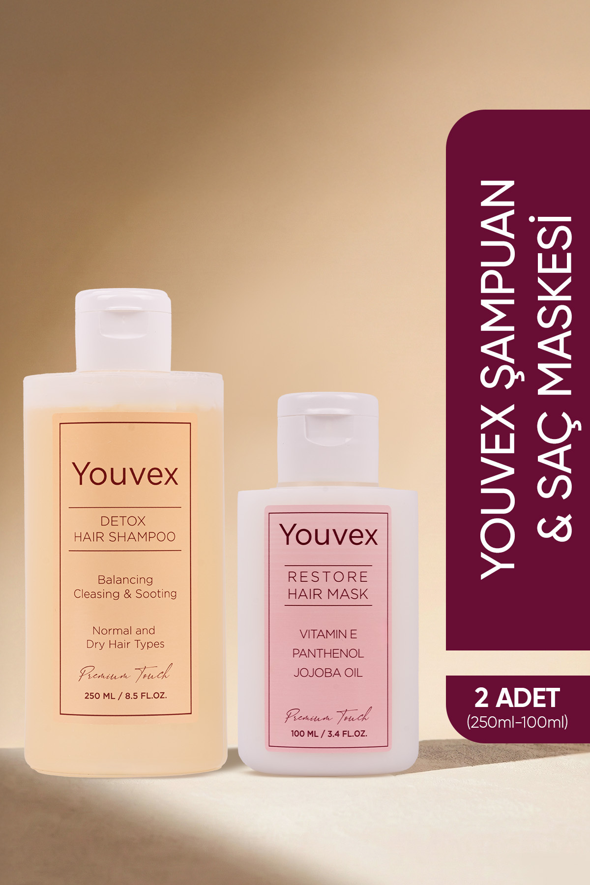 The Youvex Normal,Kuru Saçlar için Detox Bakım Şampuanı 250ml ve Yoğun Bakım Maskesi 100ml Saç Bakım Seti — 8684272194081-M
