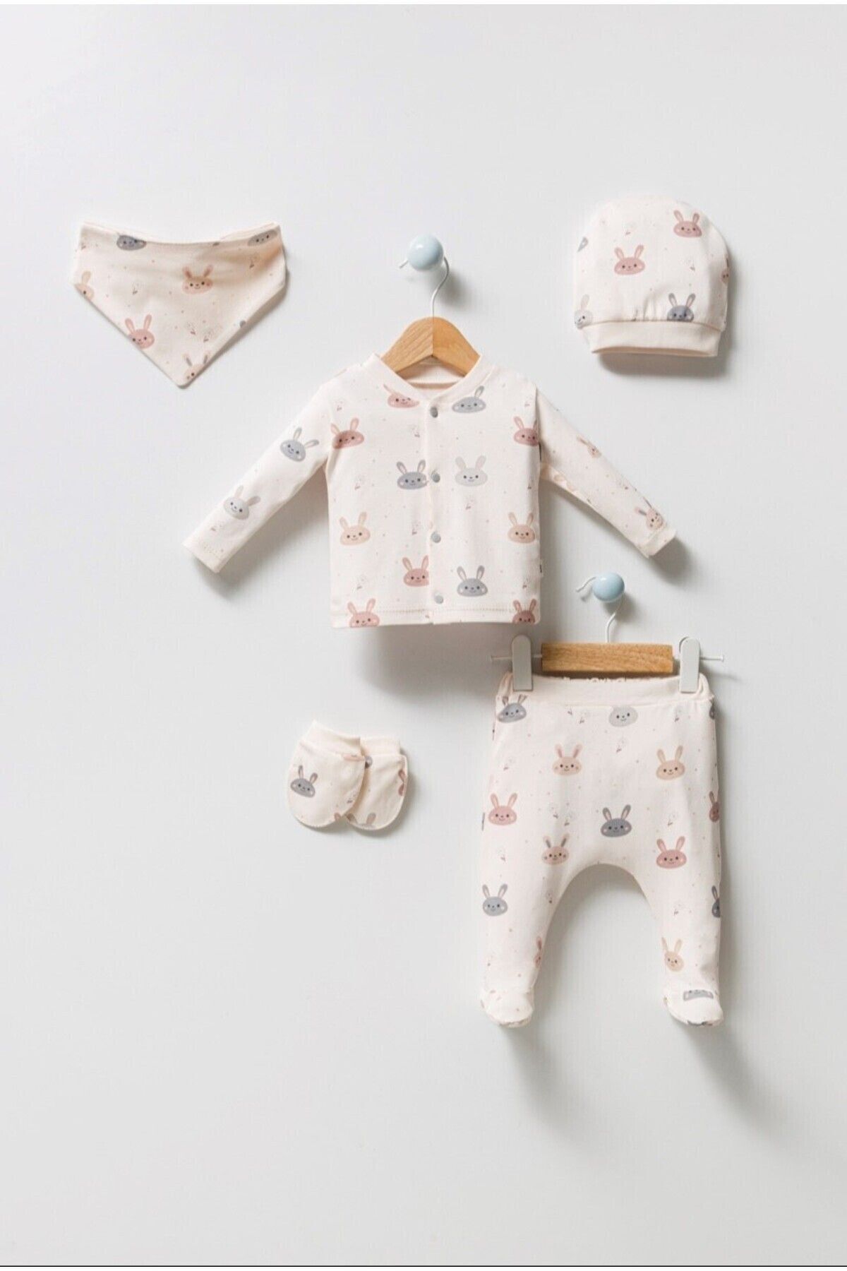 Bubbles Unisex Sevimli Tavşan Desenli Natural 5li Hastane Çıkışı Zıbın Seti fotoğrafı 2 (önizleme)