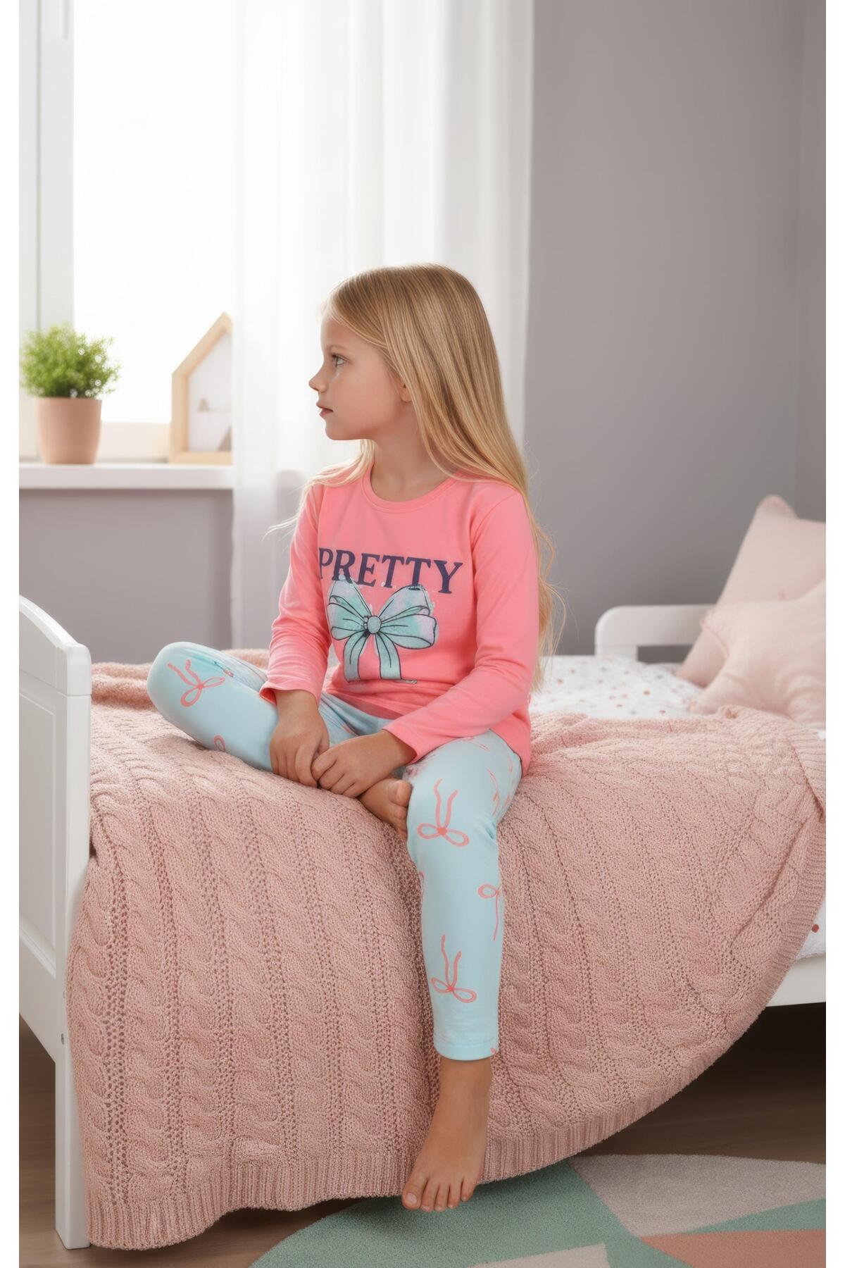 vitmo Kız Çocuk Uzun Kollu %100 Pamuk Pijama Takımı Pretty Bow fotoğrafı 2 (önizleme)