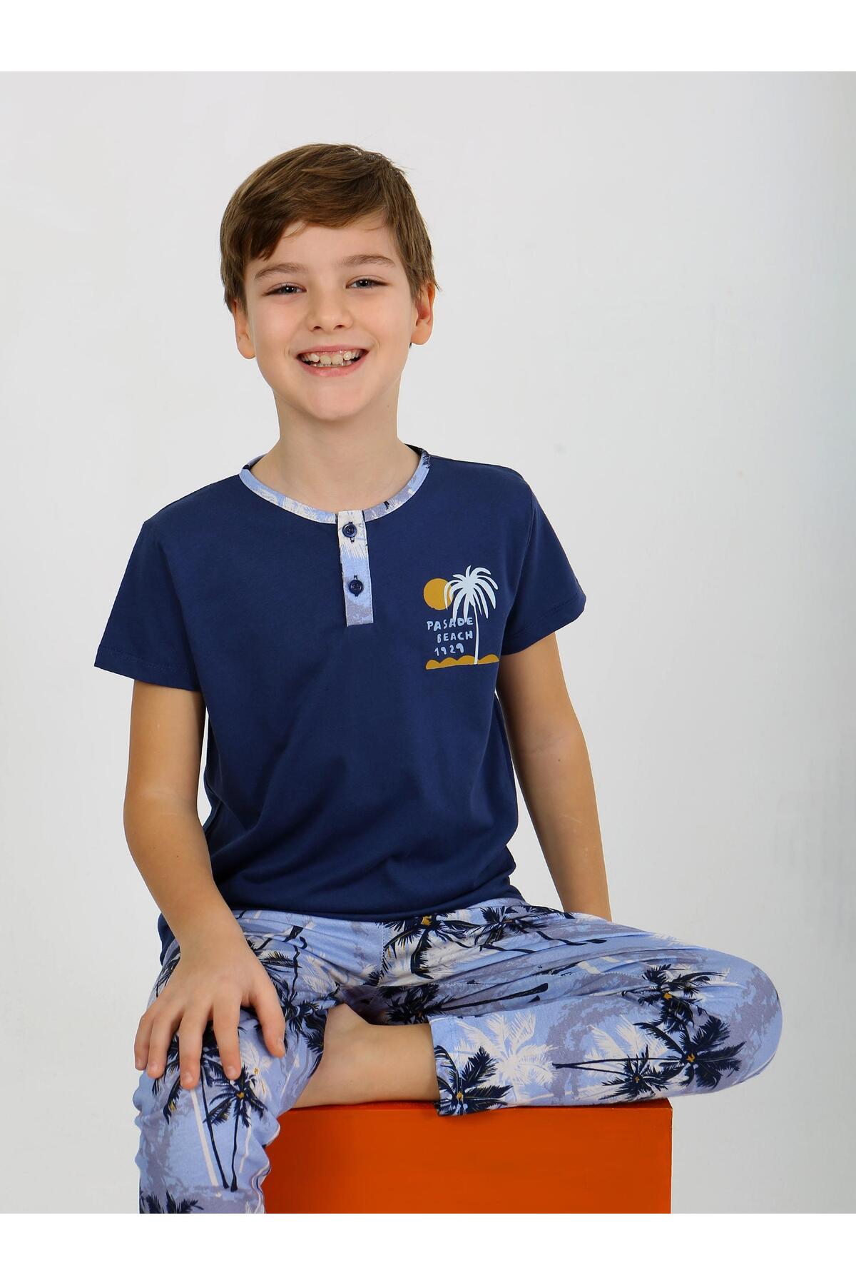 vitmo Erkek Çocuk Kısa Kollu Düğme Detaylı %100 Pamuklu Pijama Takımı The Palm fotoğrafı 7 (önizleme)