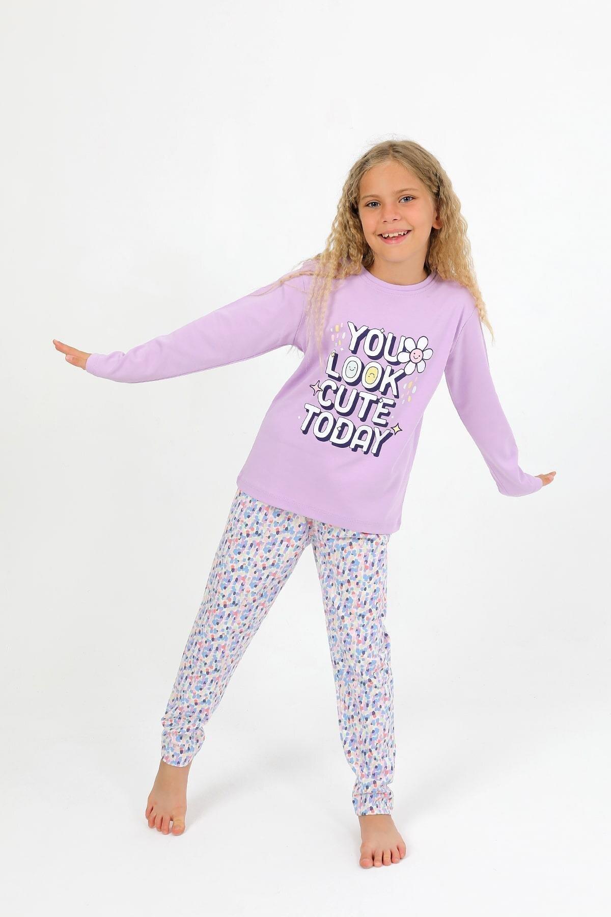 vitmo Kız Çocuk Uzun Kollu %100 Pamuk Pijama Takımı Look Cute fotoğrafı 5 (önizleme)