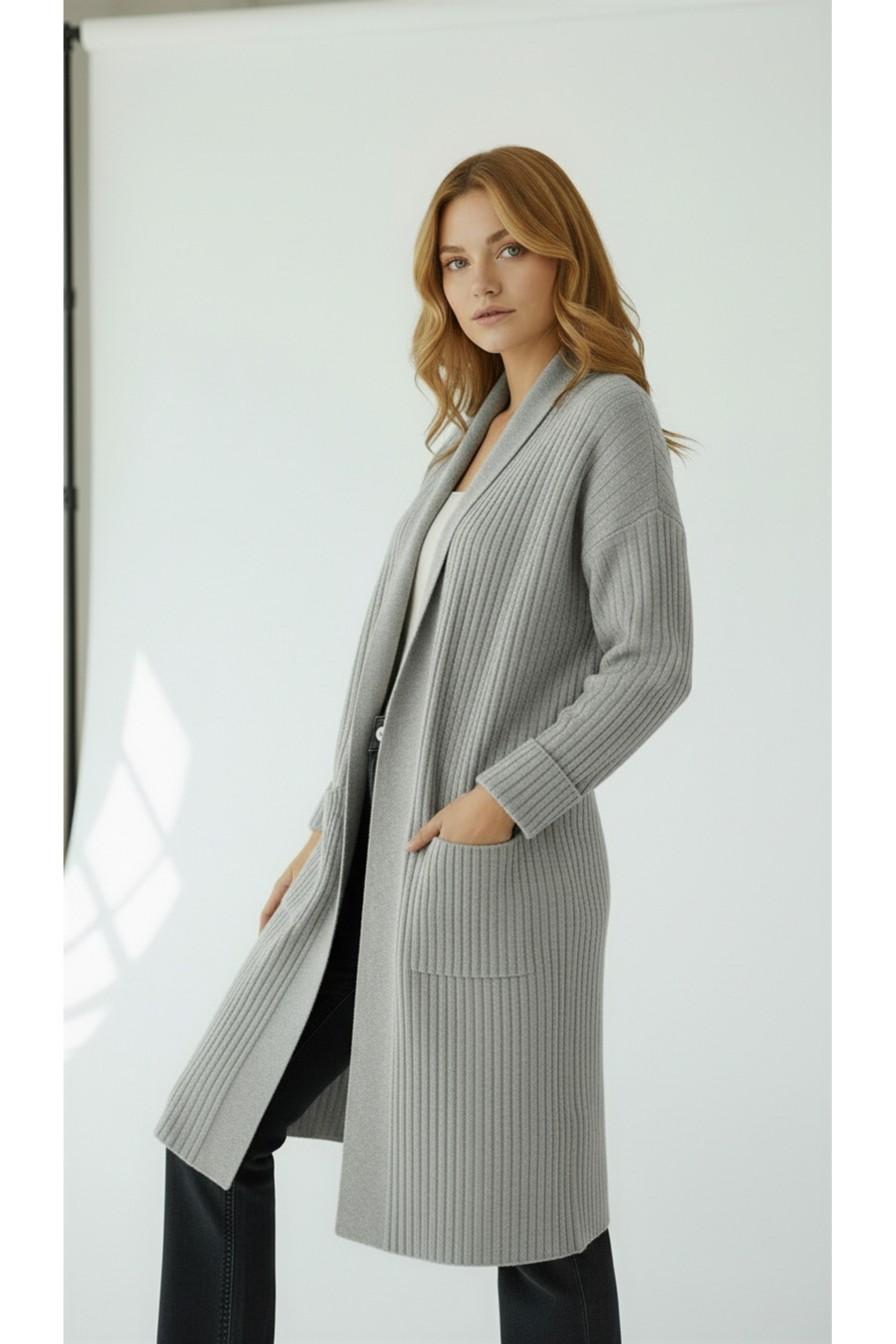 Wearified Kadın Şal Yaka Oversize Uzun Triko Hırka görsel 3