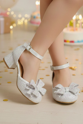 NeSe Shoes Işıltılı ve Taşlı Fiyonklu Kız Çocuk Topuklu Ayakkabı, Abiye Ayakk...