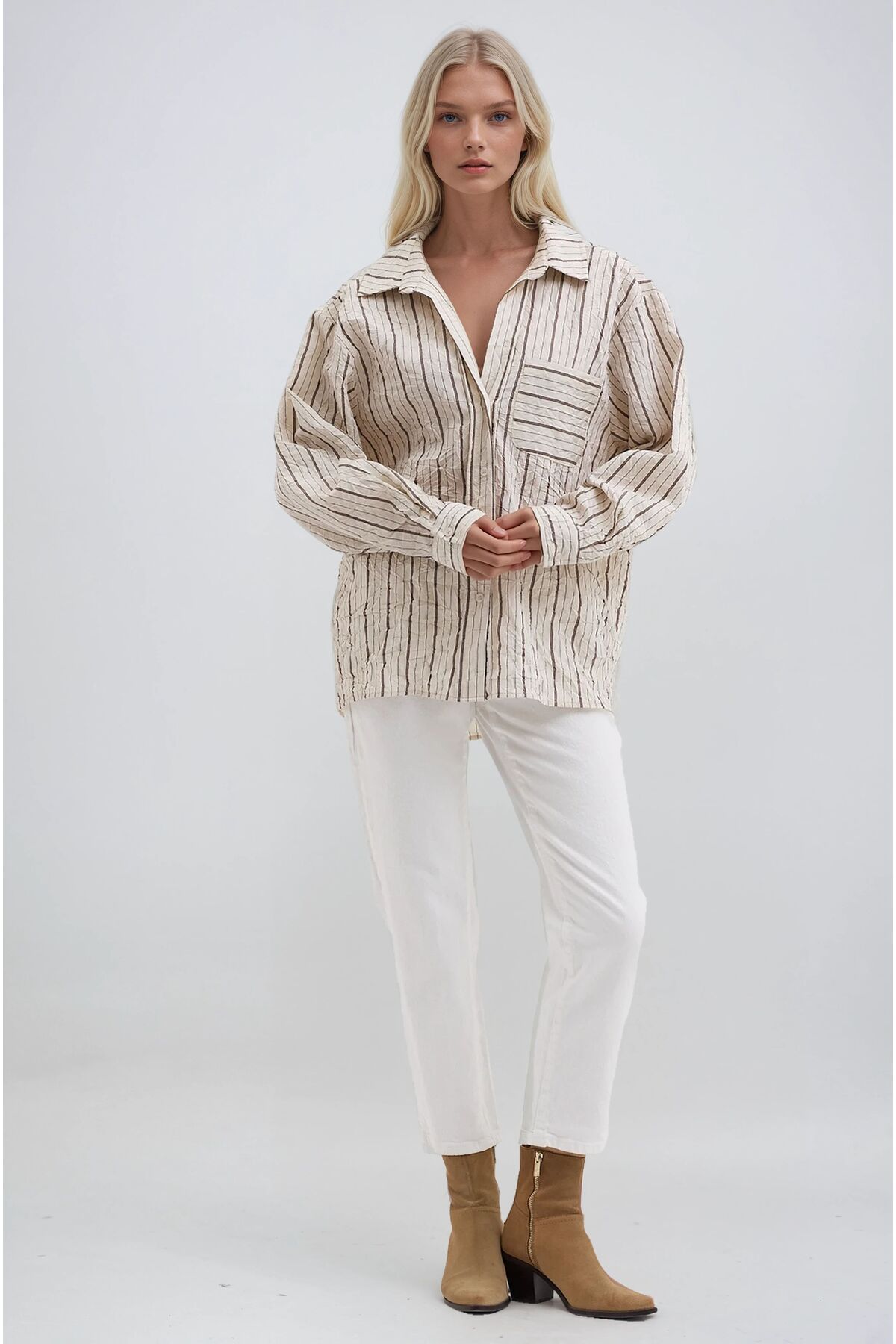 Lijuri  Ekru Kırışık Detaylı Rahat Kesim Çizgili Gömlek 3493 - Görsel 6