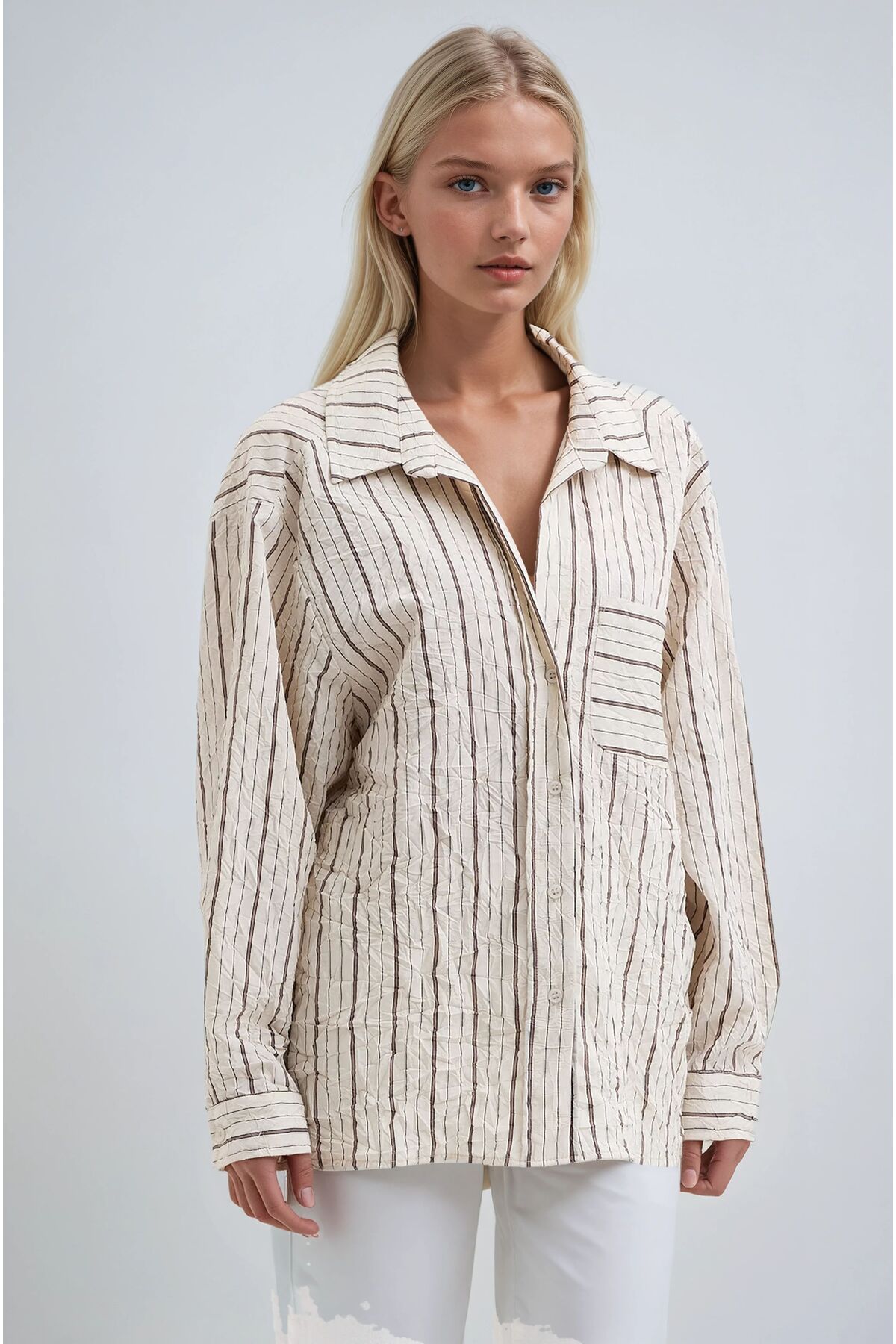 Lijuri  Ekru Kırışık Detaylı Rahat Kesim Çizgili Gömlek 3493 - Görsel 4