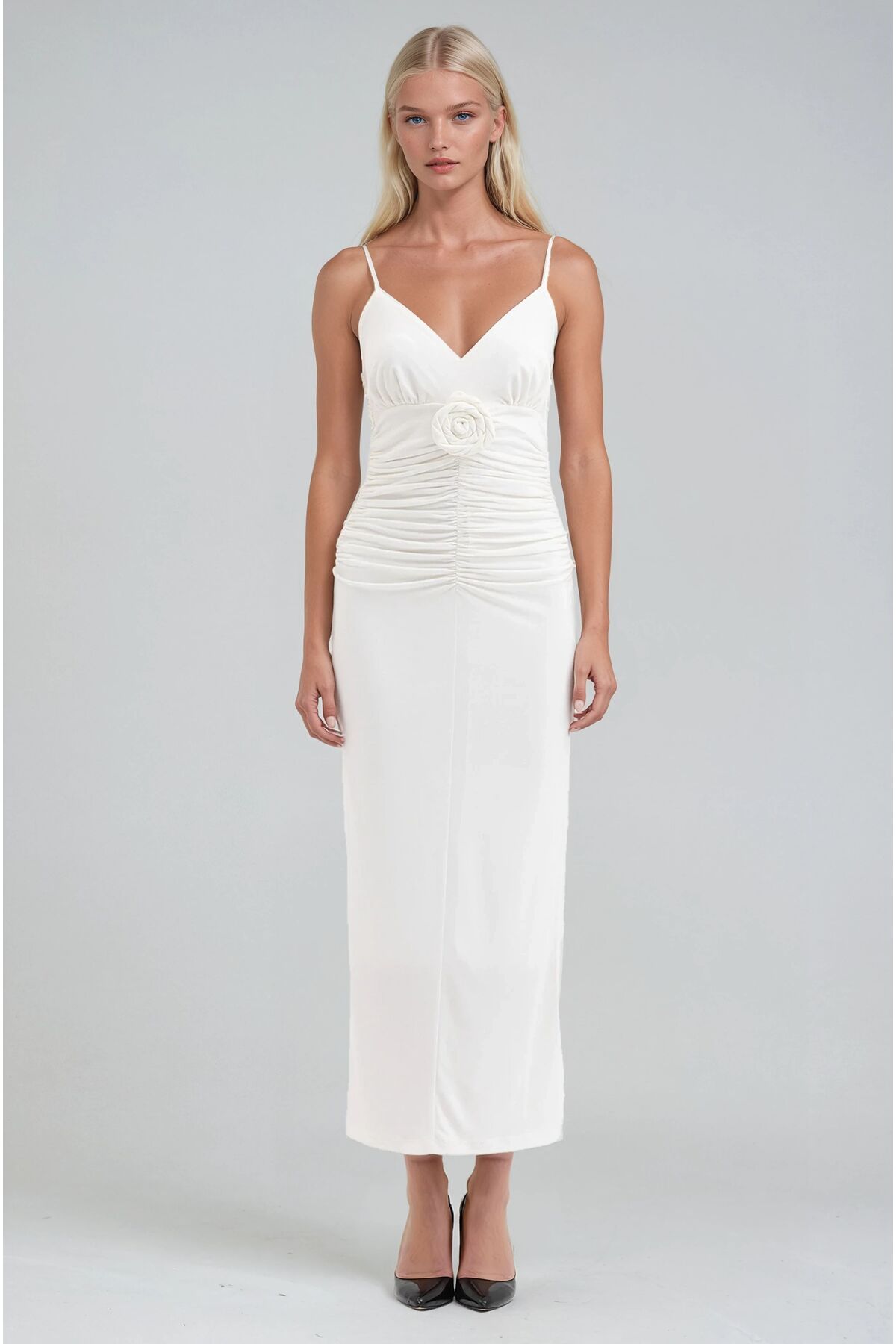 White Rose Detailed and Shirred Strappy Dress 2938 R5-D-2