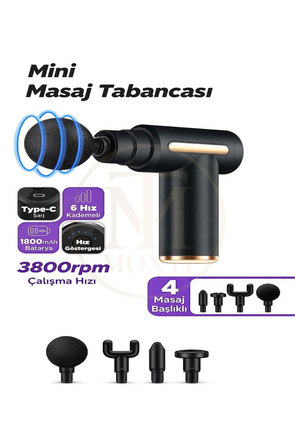Yeni Nesil Şarjlı Masaj Tabancası Sporcu Masaj Aleti 4 Başlıklı