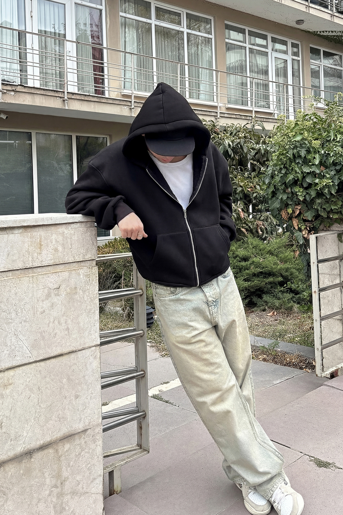 TWILIT  Oversize Basic Fermuarlı Sweatshirt Hırka Kapüşonlu Hoodie %100 Pamuk Erkek - Siyah - Görsel 4
