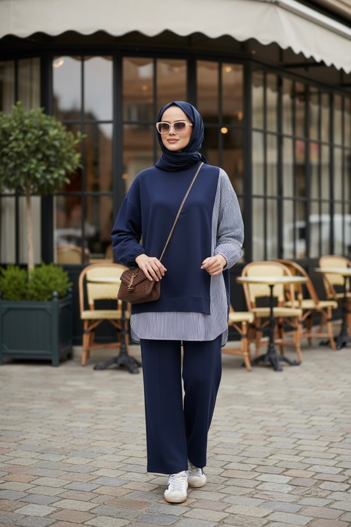 ASEL FASHİON  Kadın Tesettür Takım Line İkili Takım Gömlek Lacivert - Görsel 5
