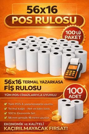 ANI OFİS KIRTASİYE A K 56x16 Termal Pos Kağıdı Rulosu 100'Lü - Tüm Pos Cihazl...