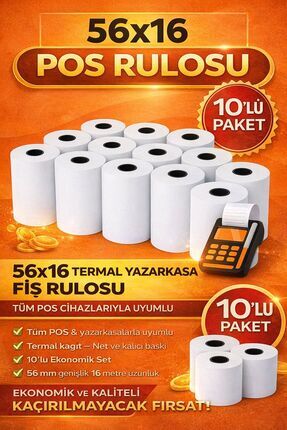 ANI OFİS KIRTASİYE A K 56x16 Termal Pos Kağıdı Rulosu 10'lu - Tüm Pos Cihazla...