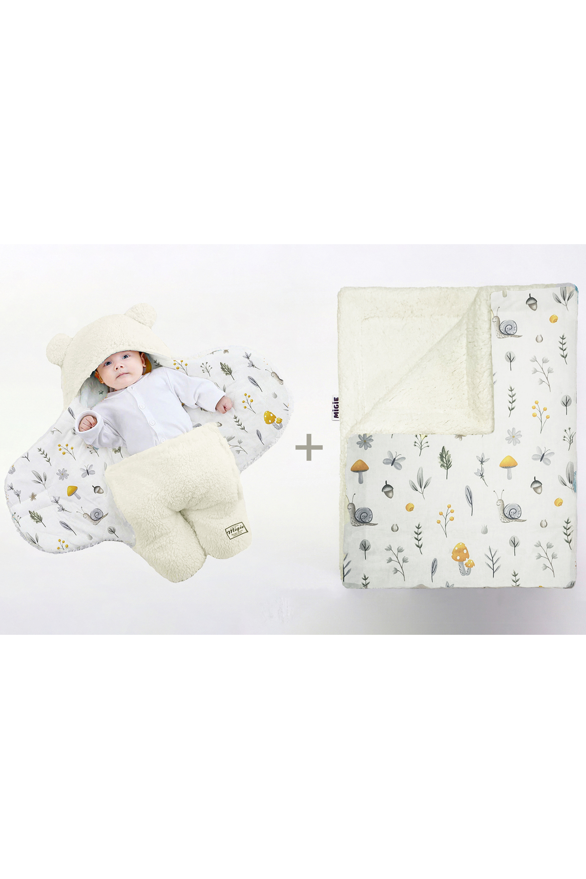 0-4 Months Baby Outer Swaddle and Blanket Set Wellsoft Ecru White (Mushroom Pattern)