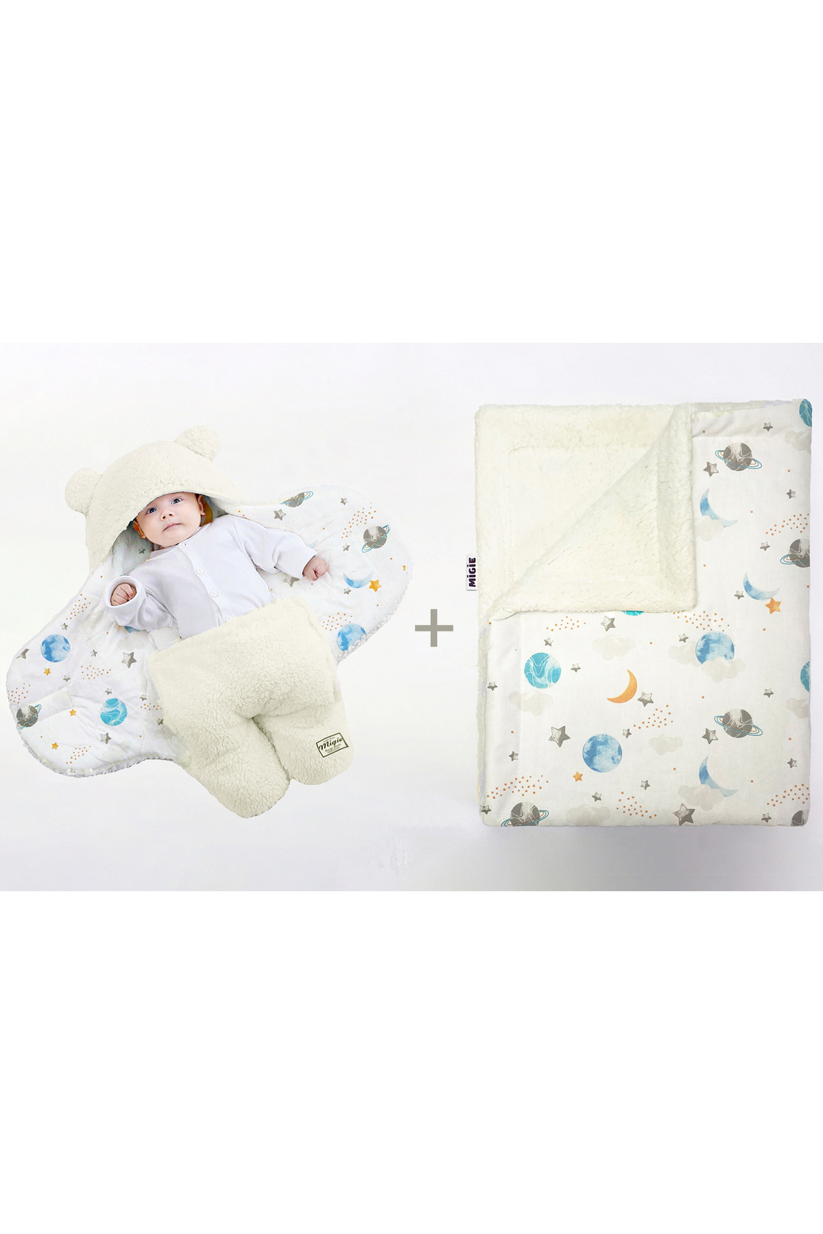 0-4 Months Baby Outer Swaddle and Blanket Set Wellsoft Ecru White (Space Pattern)