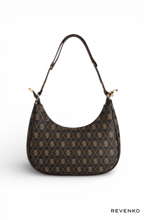 REVENKO Monogram Desenli Kahverengi Kadın Baget Omuz Çantası
