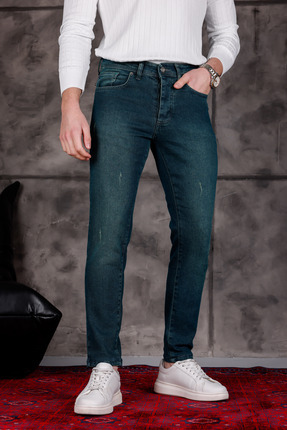 MODAMESTO Erkek Yeşil Slim Fit Likralı Dar Paça Lazerli Kot Pantolon