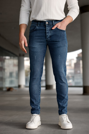 Ser Joven Erkek Mavi Slim Fit Lazerli Likralı Jean Pantolon