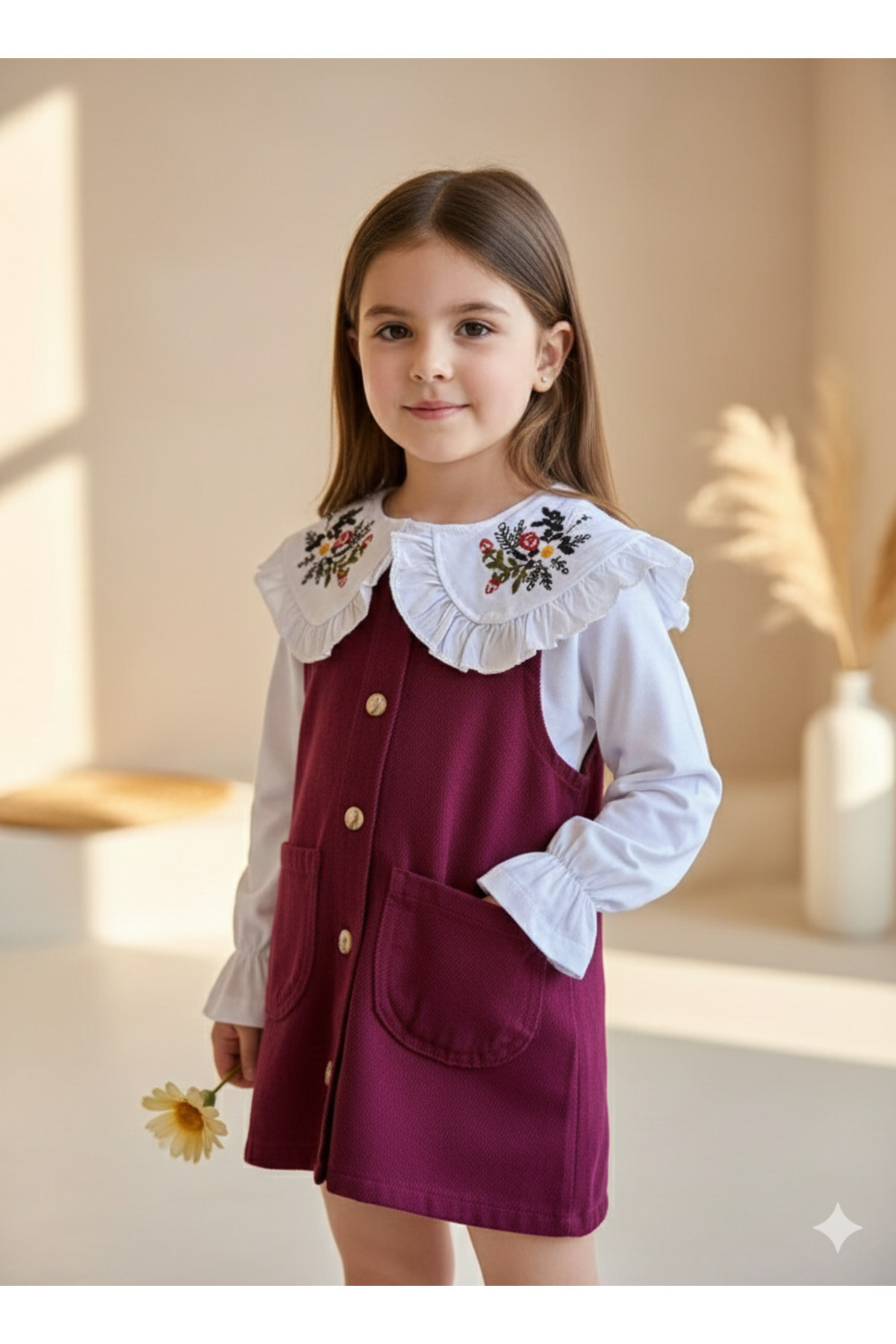 ZARİNA Kız Çocuk Bebe Yaka Nakış Detay Bluzlu Askılı Jile Midi Boy Elbise fotoğrafı 2 (önizleme)