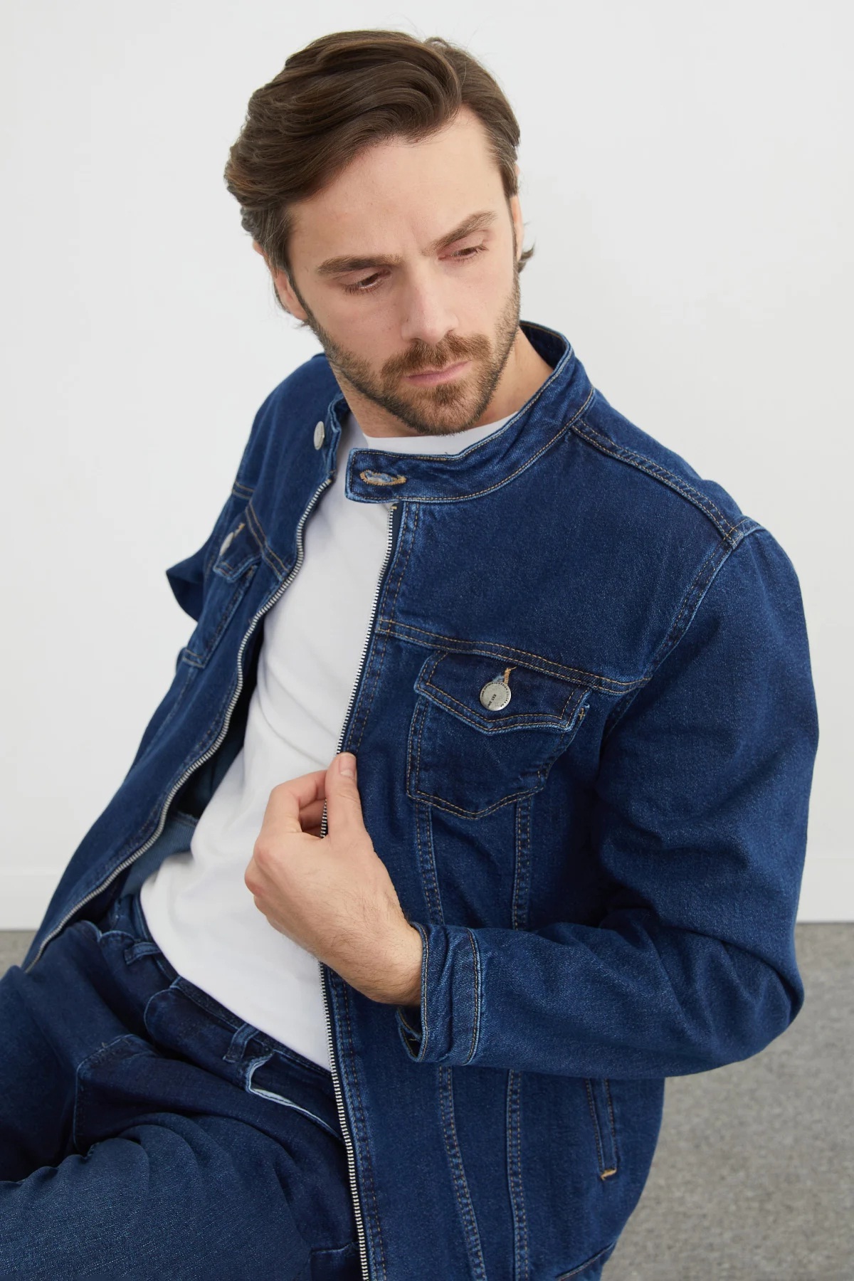 Genel Markalar  Denım Kot Ceket - Lacivert Slim Fit Erkek Denım Kot Ceket - Görsel 5