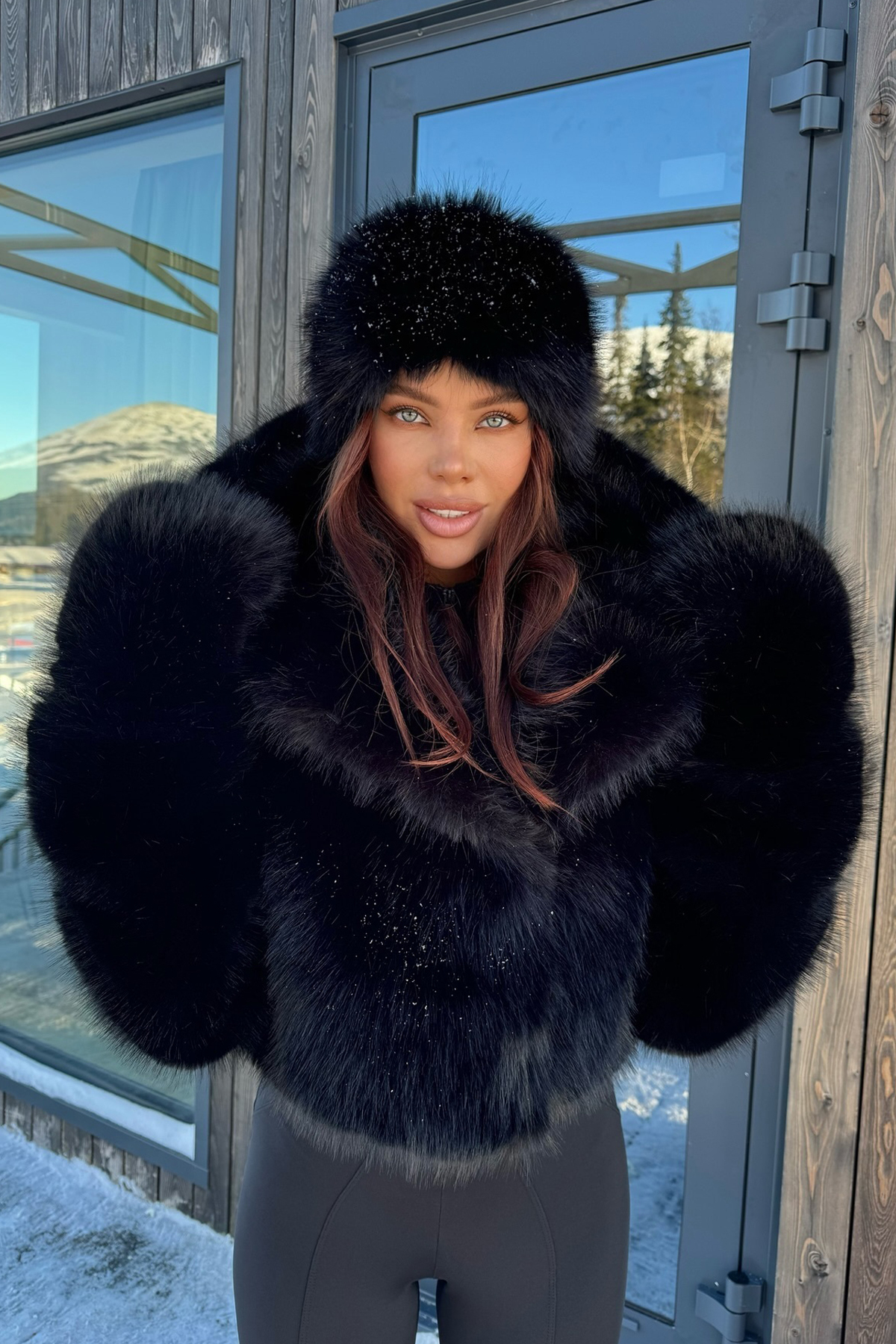 Russian Style Long-Haired Trendy Heart Hat Winter Plush Vegan Faux Fur - Black