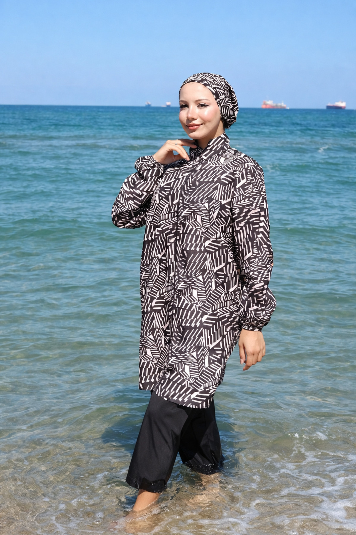 Women's full closed hijab swimsuit Optical Pattern 3-piece set