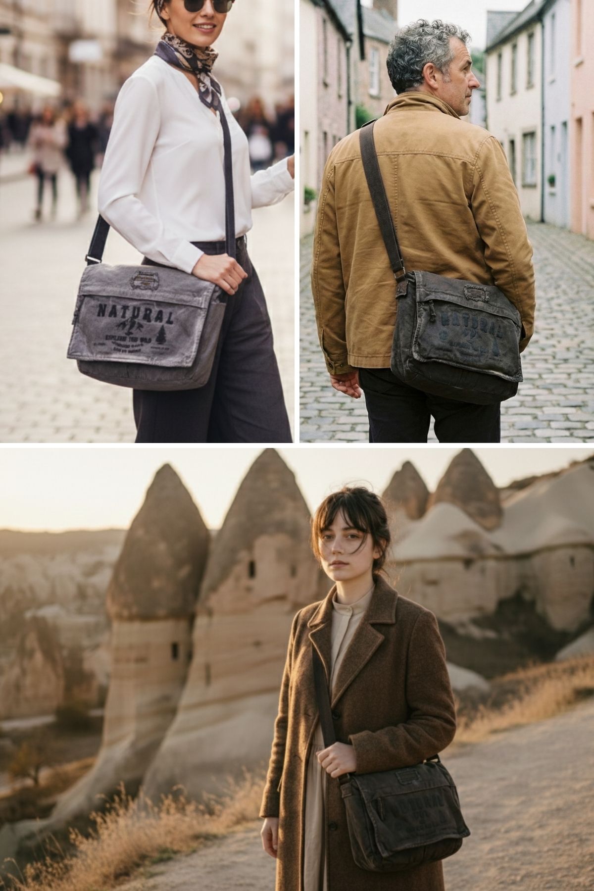 Cappadocia Vintage 4028 Gri Salaş Omuz Çantası Pamuk Kanvas Postacı 15.6 Laptop Okul Seyahat Günlük Vintage Retro görsel 7