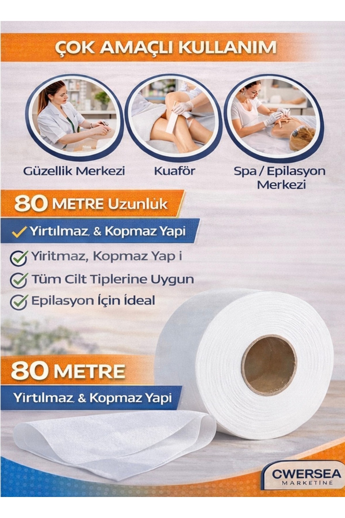 Resim Owersea 80 Metre Ağda Bezi Rulo – Yırtılmaz Kopmaz, Tüm Cilt Tiplerine Uygun Profesyonel Kullanım. 
