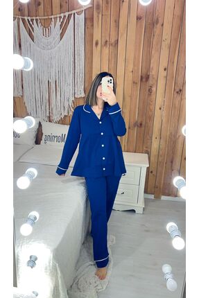 ByGamzeArman Lacivert Renk Penye Pamuk Kumaş Pileli Hamile Lohusa Pijama Takı...
