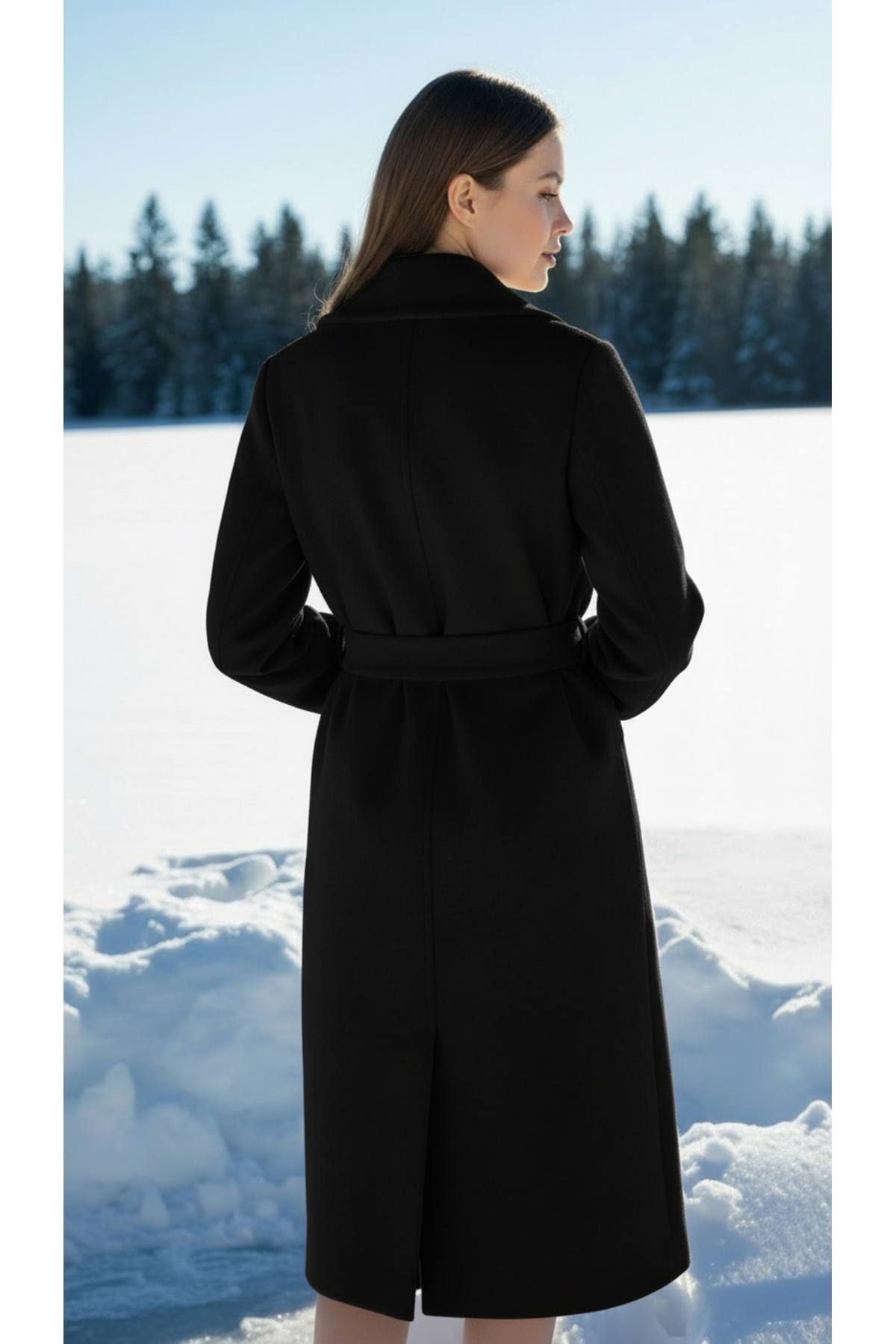 Moda Banuş  Kadın Kuşaklı Cepli Yırtmaçlı Astarlı Kaşe Siyah Kaban - Görsel 4