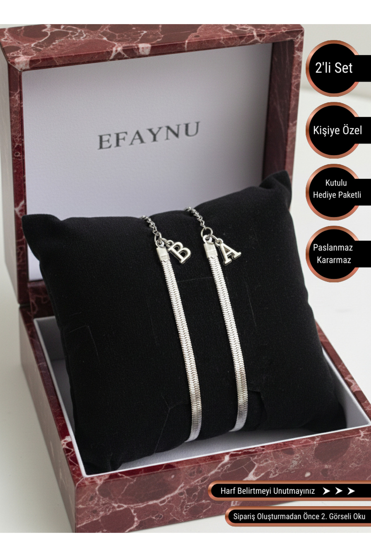 EFAYNU  Kararmaz İtalyan Çelik 2 Adet Harfli Bileklik, Sevgili Bilekliği, Çift , Arkadaş Bilekliği