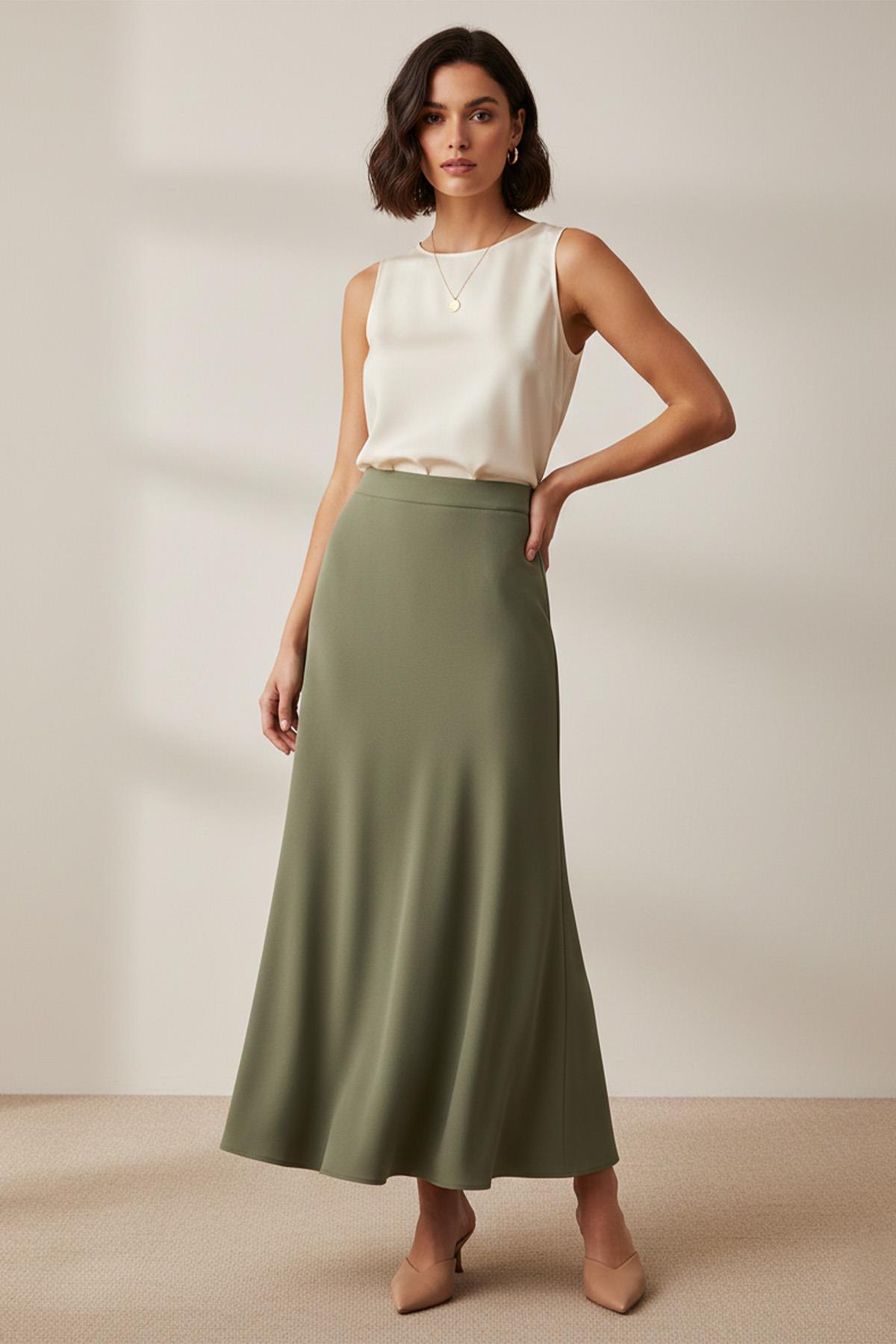 Women's High Waist Long A-Section Fabric SKIRT-18291ETK-KHAKI