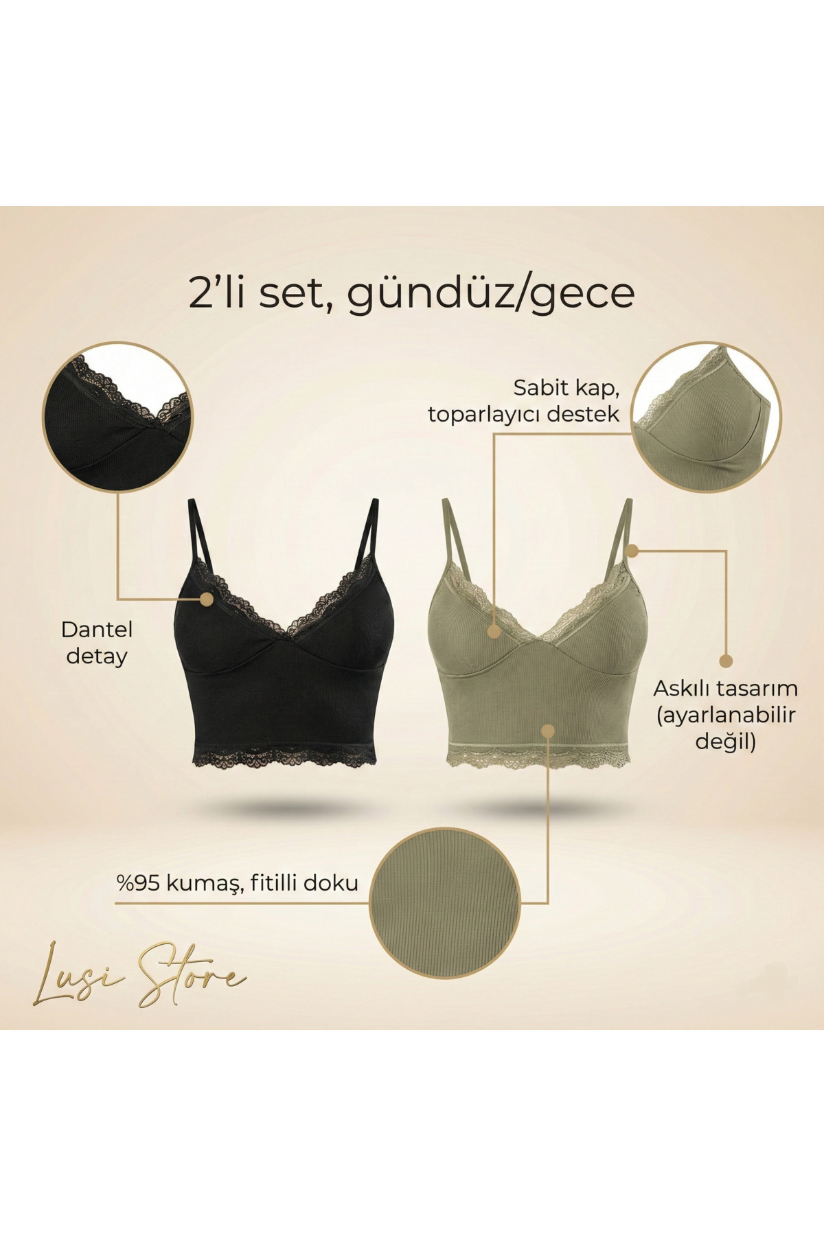 lusi store Lusistore Crop Bluz Takım Askılı Dantelli Pedli Büstiyer Bralet %95 Pamuk