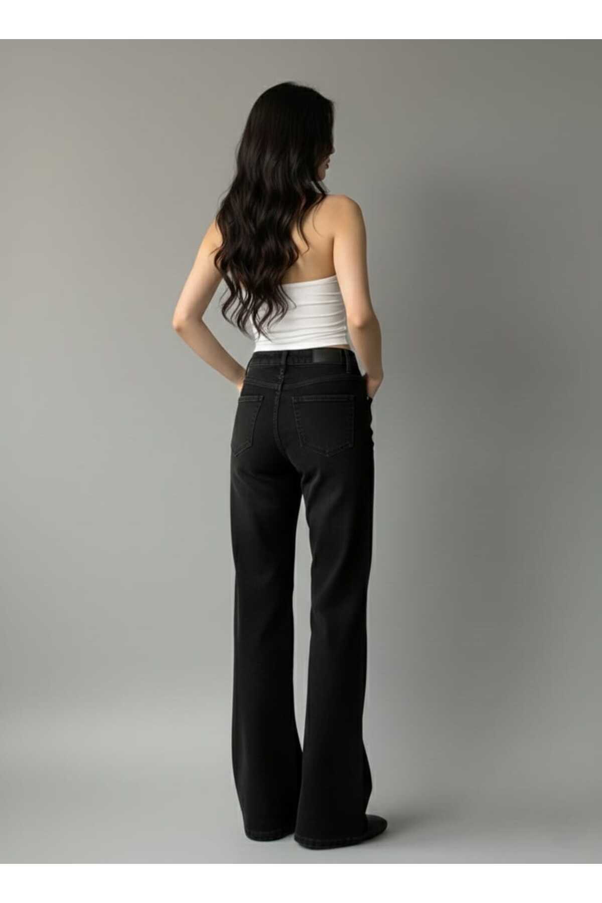 DRC trend  Solmayan Siyah Likralı Süper Yüksek Bel Salaş Jean Palazzo Pantolon. (SÜPER YÜKSEK.) Wide Leg. - Görsel 4