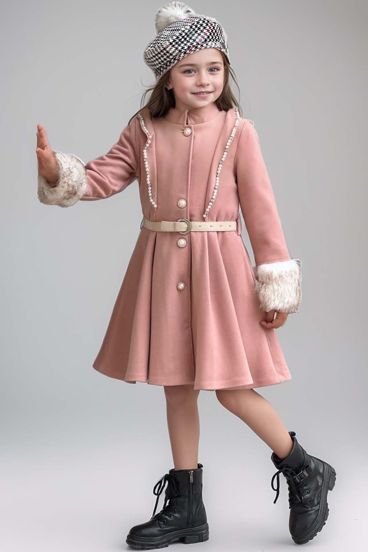 Riccotarz Kız Çocuk Kazayağı Desen Elbise Kolları Peluş ve Omuzları İnci İşleme Kemerli Pembe Kaşe Kaban fotoğrafı 5 (önizleme)
