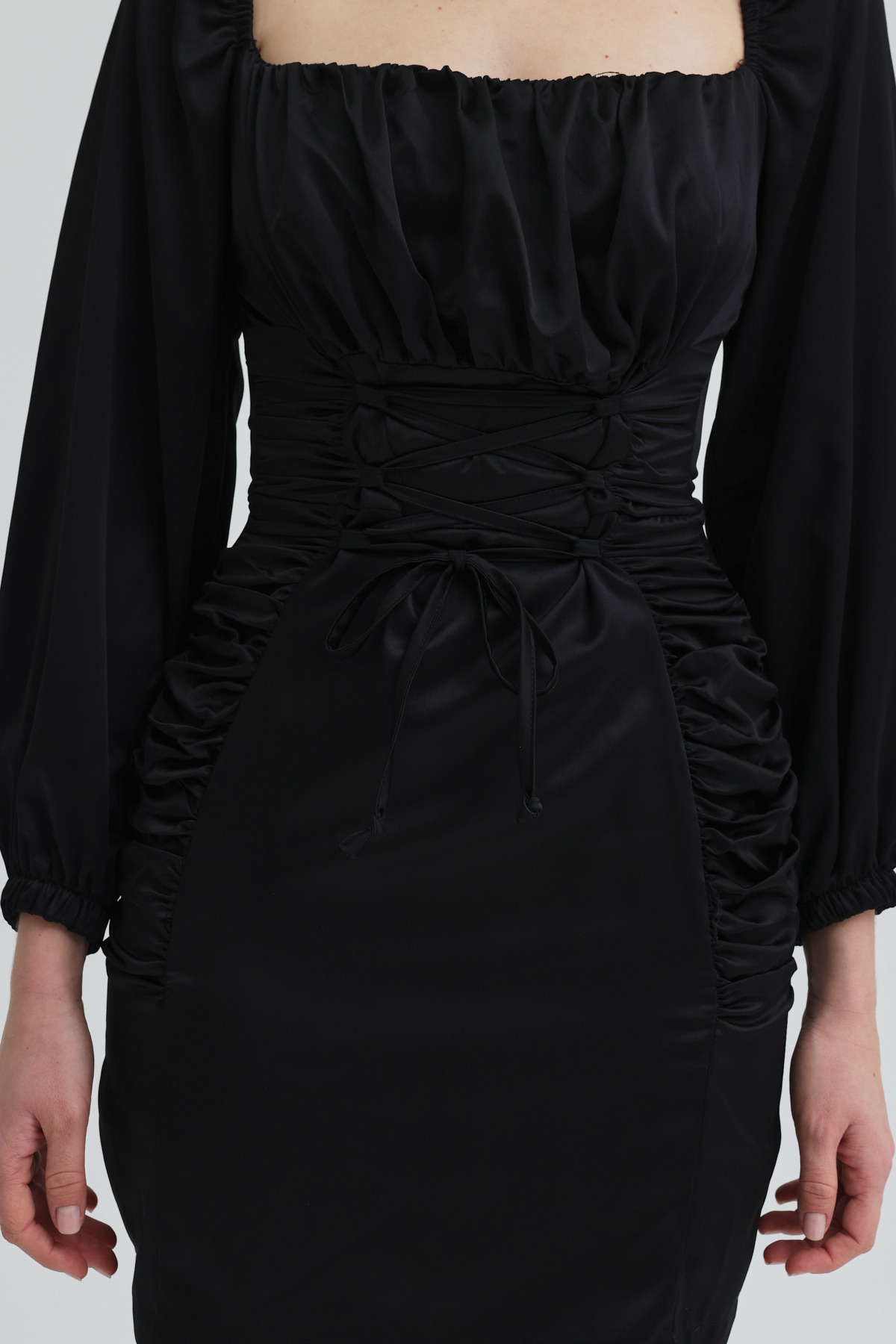 Lijuri  Büzgü ve Bağlama Detaylı Kare Yaka Şık Elbise 2924 R3-B-K2 - Görsel 6