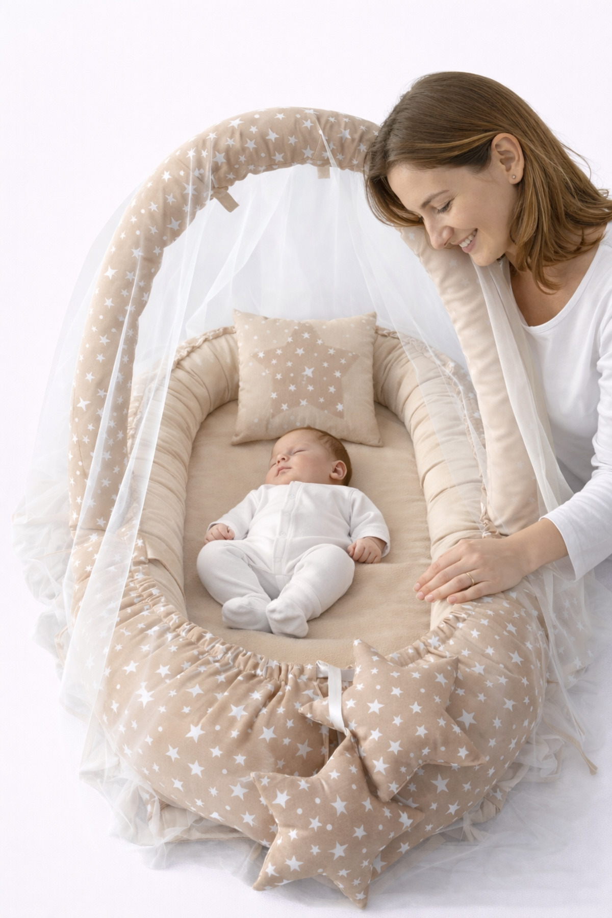 Jaju Baby Kahve Yıldız Cibinlik Tül -Oyuncak Askılı Jaju Babynest - Güvenli Premium Babynest fotoğrafı 2 (önizleme)
