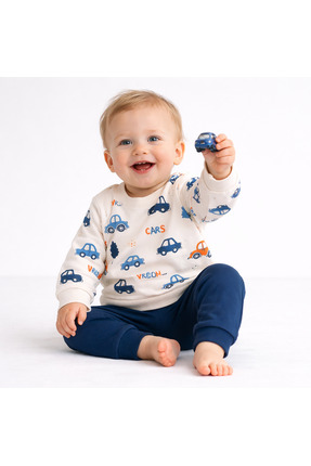 moukou Bebek Araba Desenli 2’li Takım – Sweatshirt ve Alt Seti, Yumuşak Konfo...