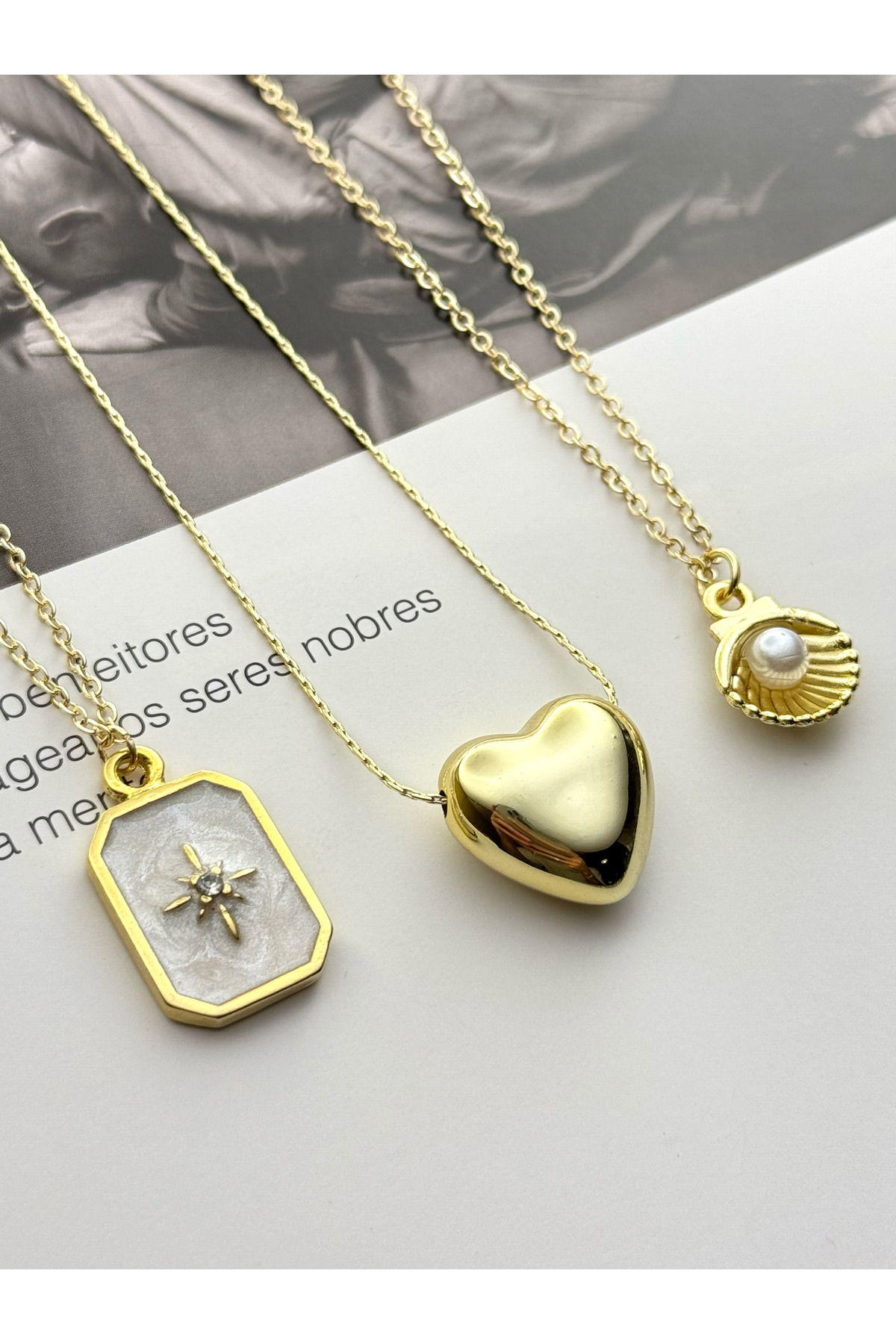 roshel  3'lü Gold Renk Kolye Seti İstiridye-Kuzey Yıldızı-Kalp 45CM - Görsel 3