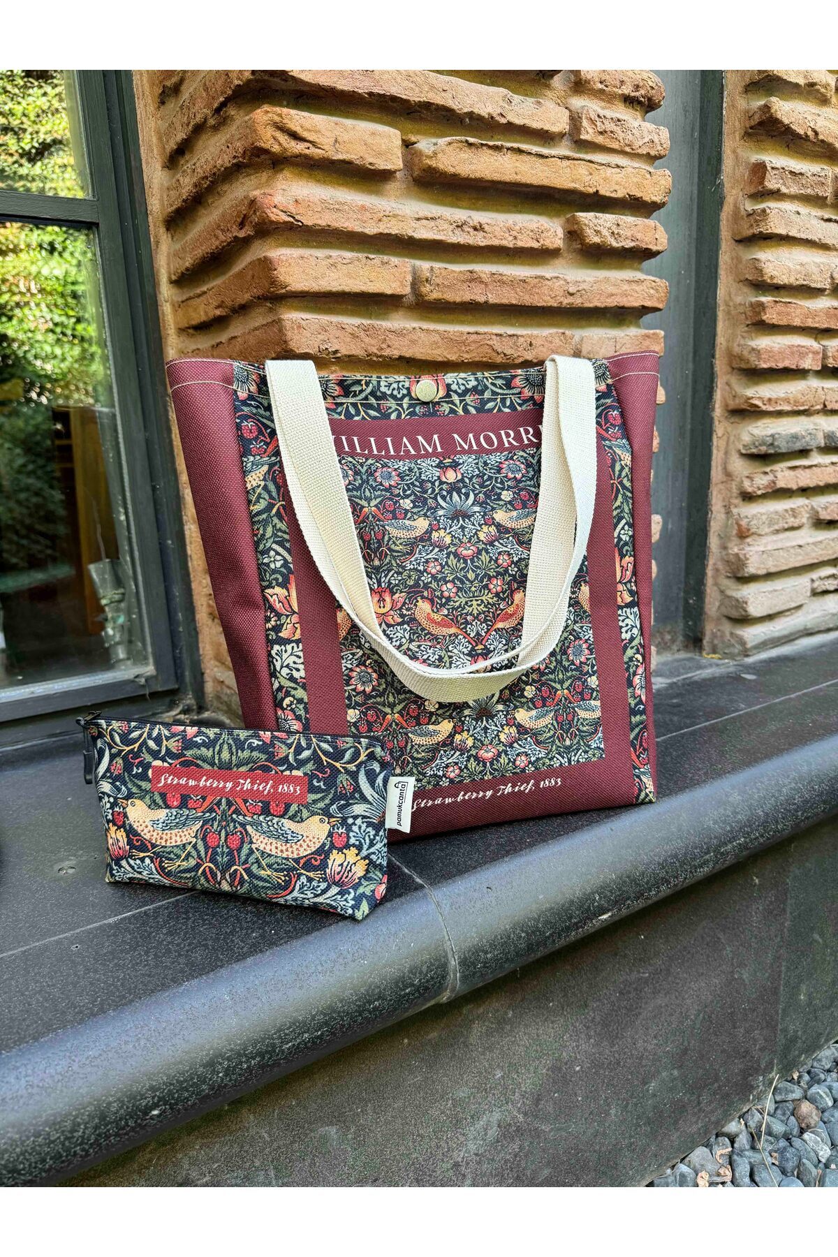 pamukcanta  William Morris Kanvas Bez Çanta& Makyaj Çantası Yıkanabilir Metal Çıtçıtlı Cepli (2'li Set) - Görsel 8