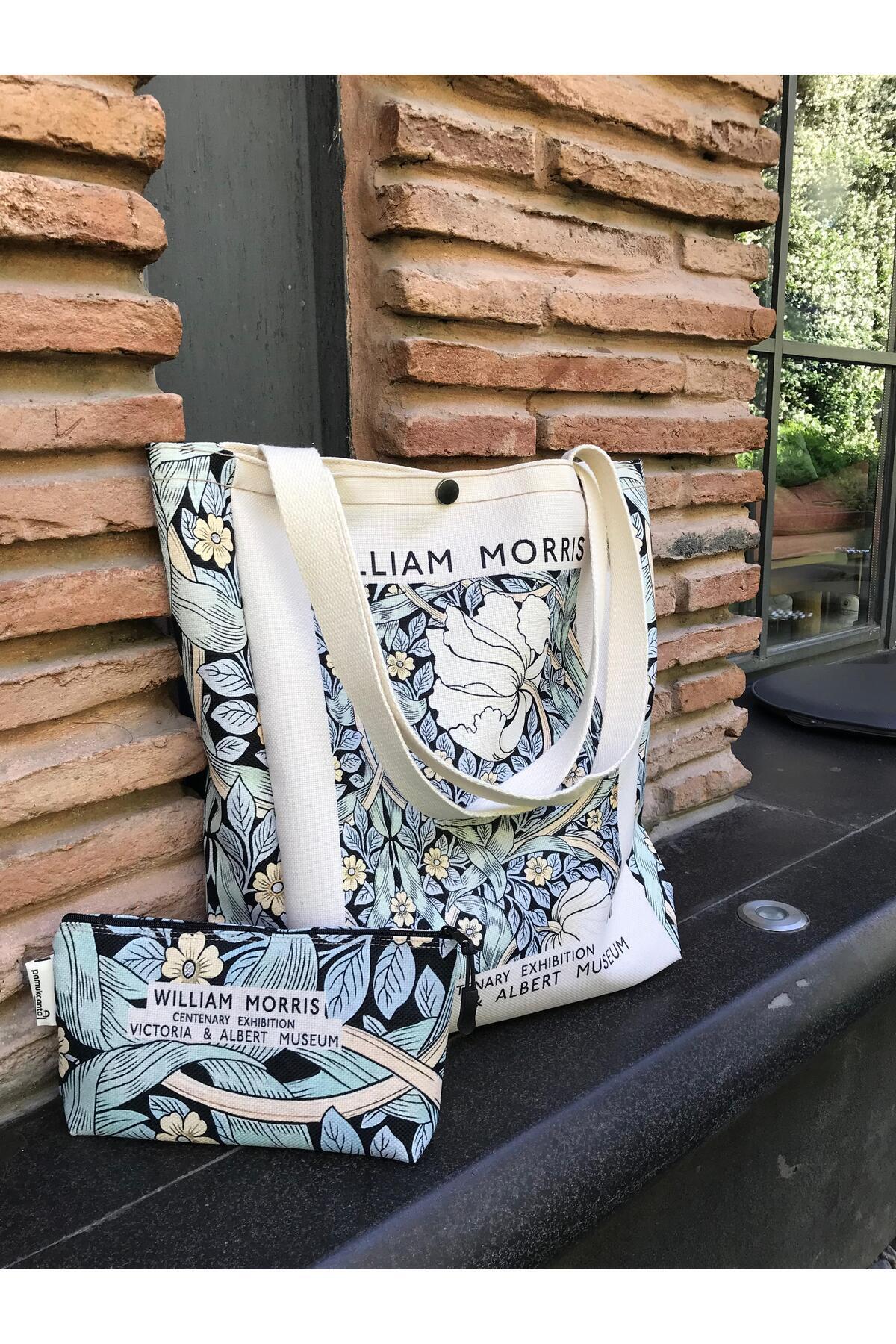 pamukcanta  William Morris Kanvas Bez Çanta& Makyaj Çantası Yıkanabilir Metal Çıtçıtlı Cepli - Görsel 5