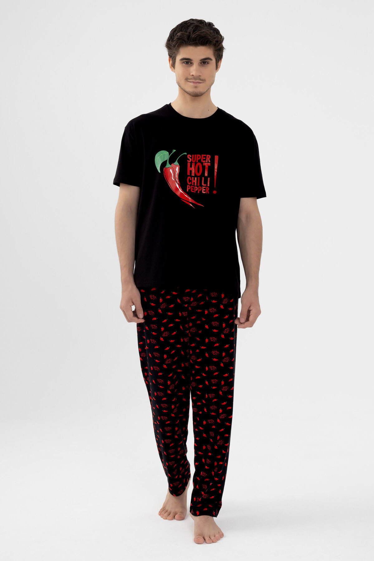 koza iç giyim  Erkek Pamuklu Kısa Kollu Chilli Baskılı Cep Detaylı Pijama Takımı - Görsel 4