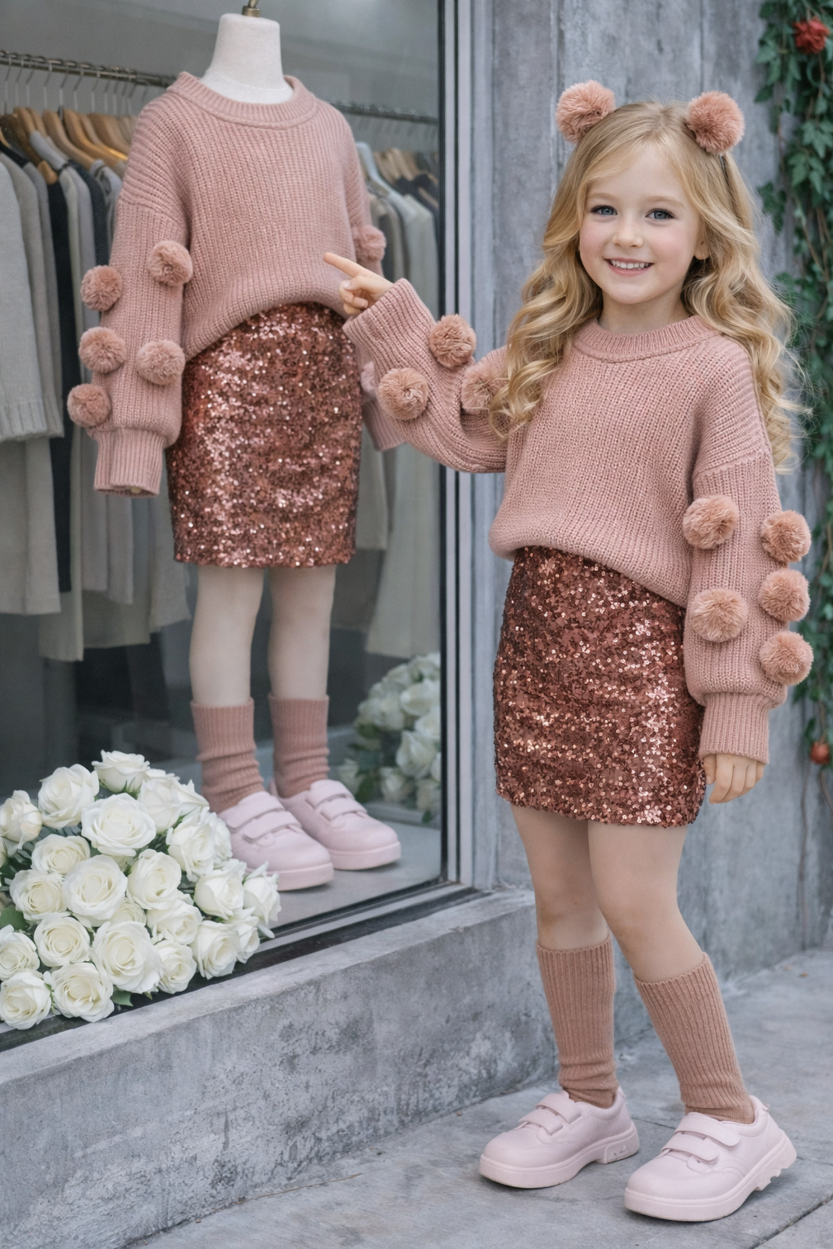 TREND NATURAL Kız Çocuk Bebek Sütlü Kahve Ponponlu Kazak &Pullu Etek &Toka&Çorap Takım 6Ay-8Yaş fotoğrafı 3 (önizleme)