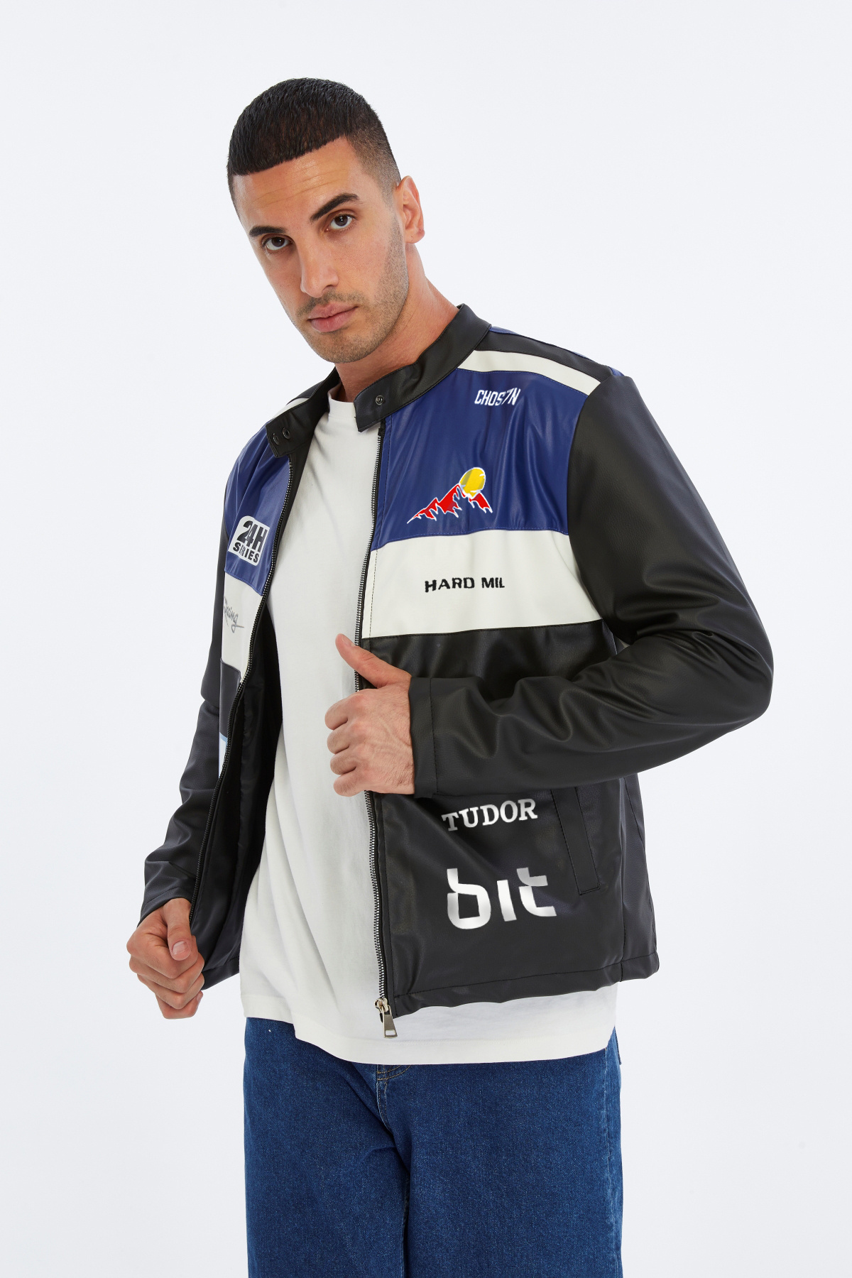 CHOS7N  Erkek Oversize Şeritli Baskılı Deri Ceket Hakim Yaka Bomber Motorcu Montu Yarışçı Ceketi - Görsel 4