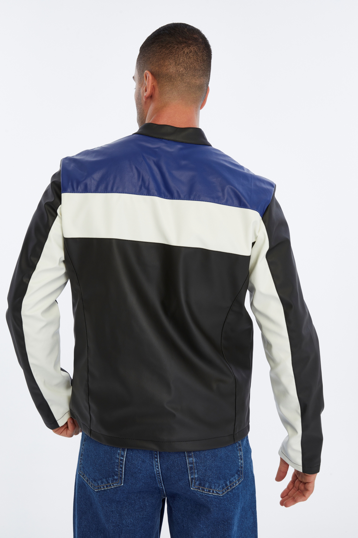 CHOS7N  Erkek Oversize Şeritli Baskılı Deri Ceket Hakim Yaka Bomber Motorcu Montu Yarışçı Ceketi - Görsel 6