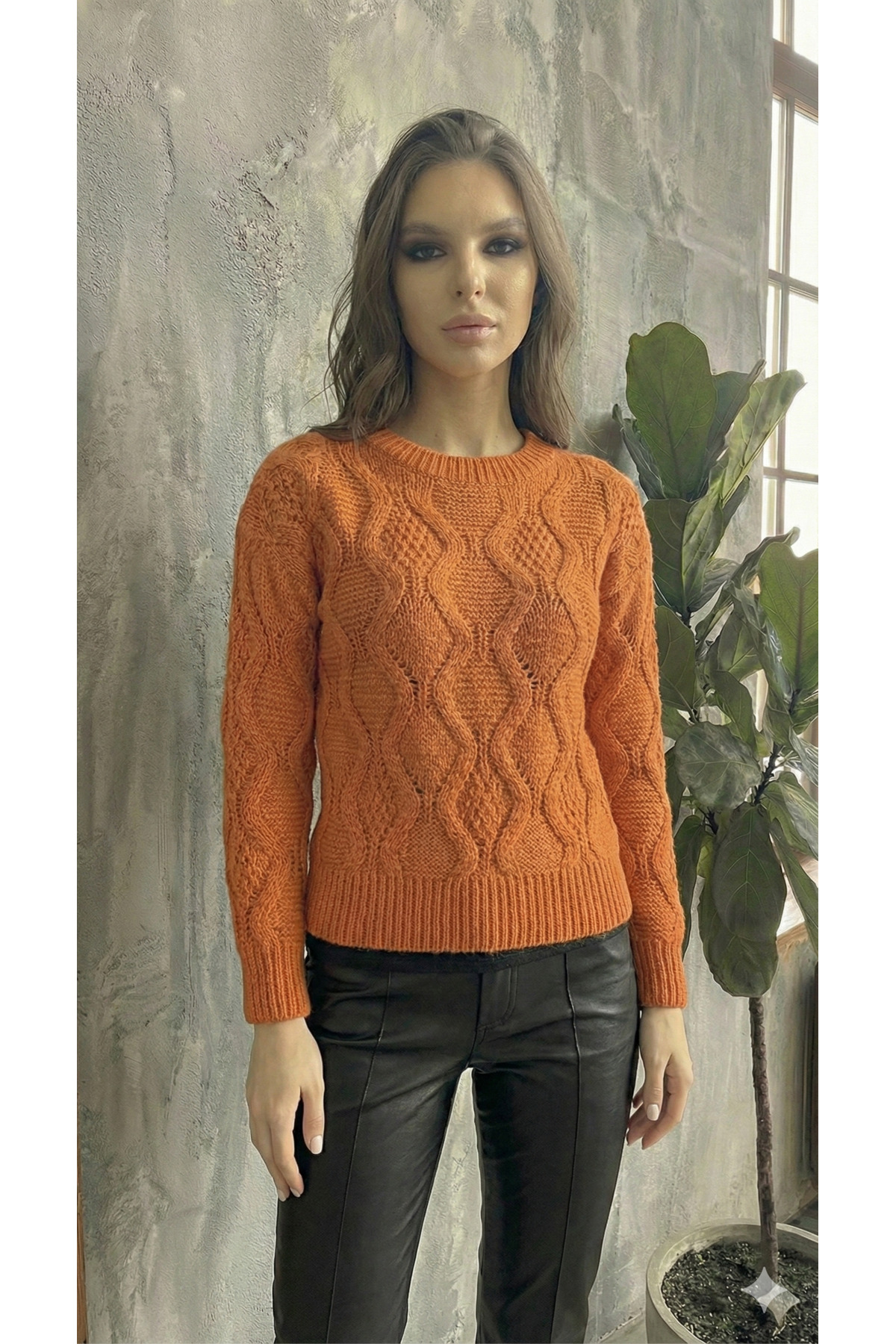 Women's Open Sewing Knit Model Long Sleeve Standard Size Opaque Crop Knitwear Sweater 4828