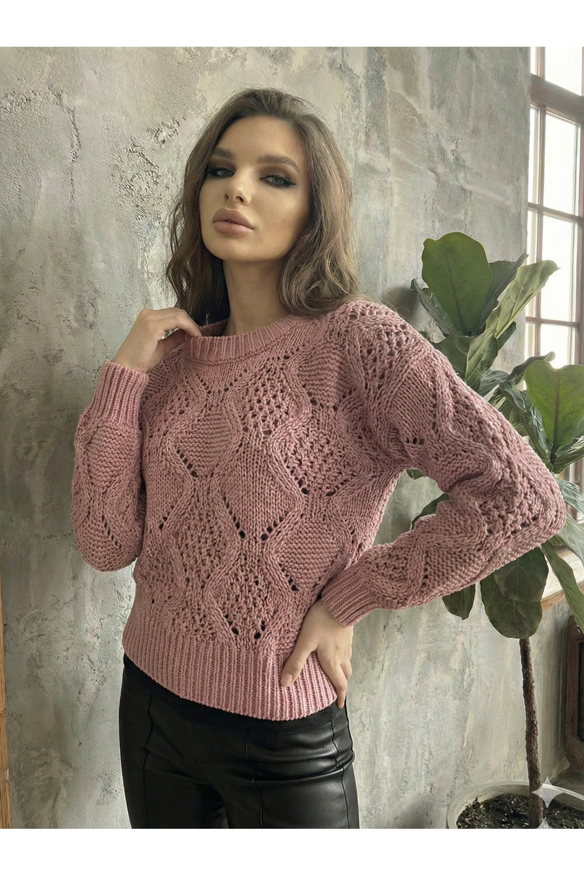 Women's Open Sewing Knit Model Long Sleeve Standard Size Opaque Crop Knitwear Sweater 4828