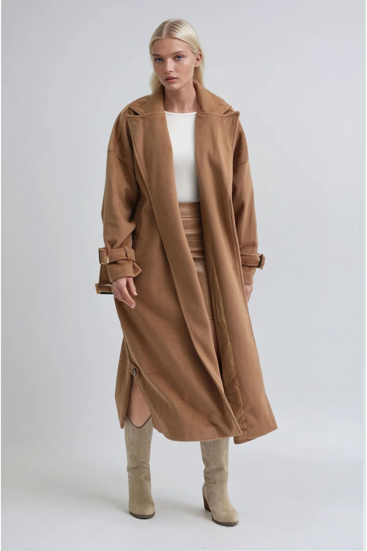 Lijuri  Bej Yaka Cep Detaylı Kuşaklı Kaşe Kaban 7099 R10-F-K1 - Görsel 3