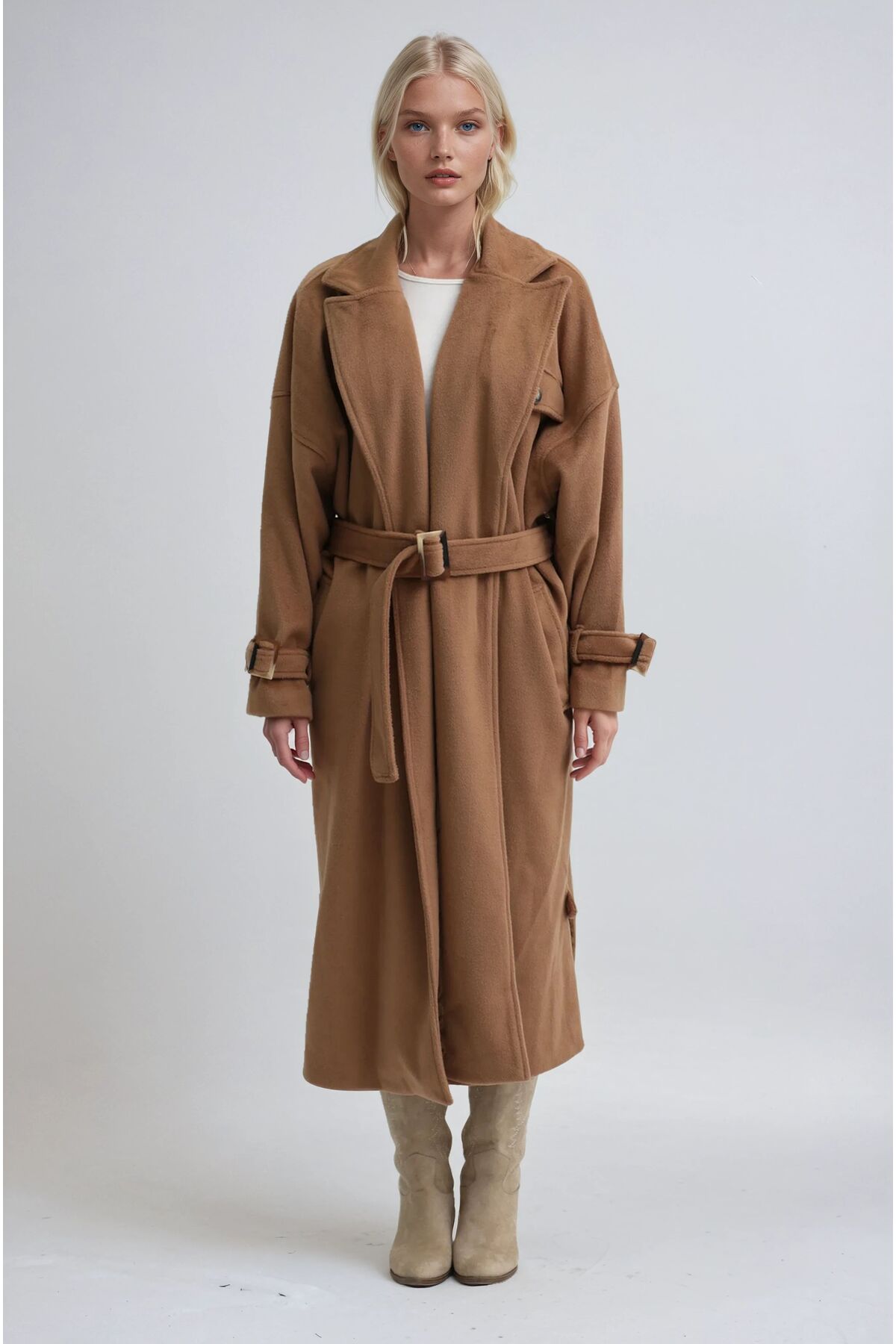 Lijuri  Bej Yaka Cep Detaylı Kuşaklı Kaşe Kaban 7099 R10-F-K1 - Görsel 6