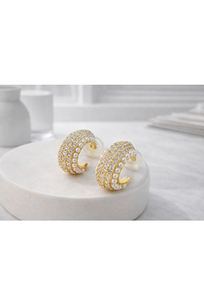 venosa jewellery TAŞLI VE İNCİLİ HALKA KÜPE GOLD