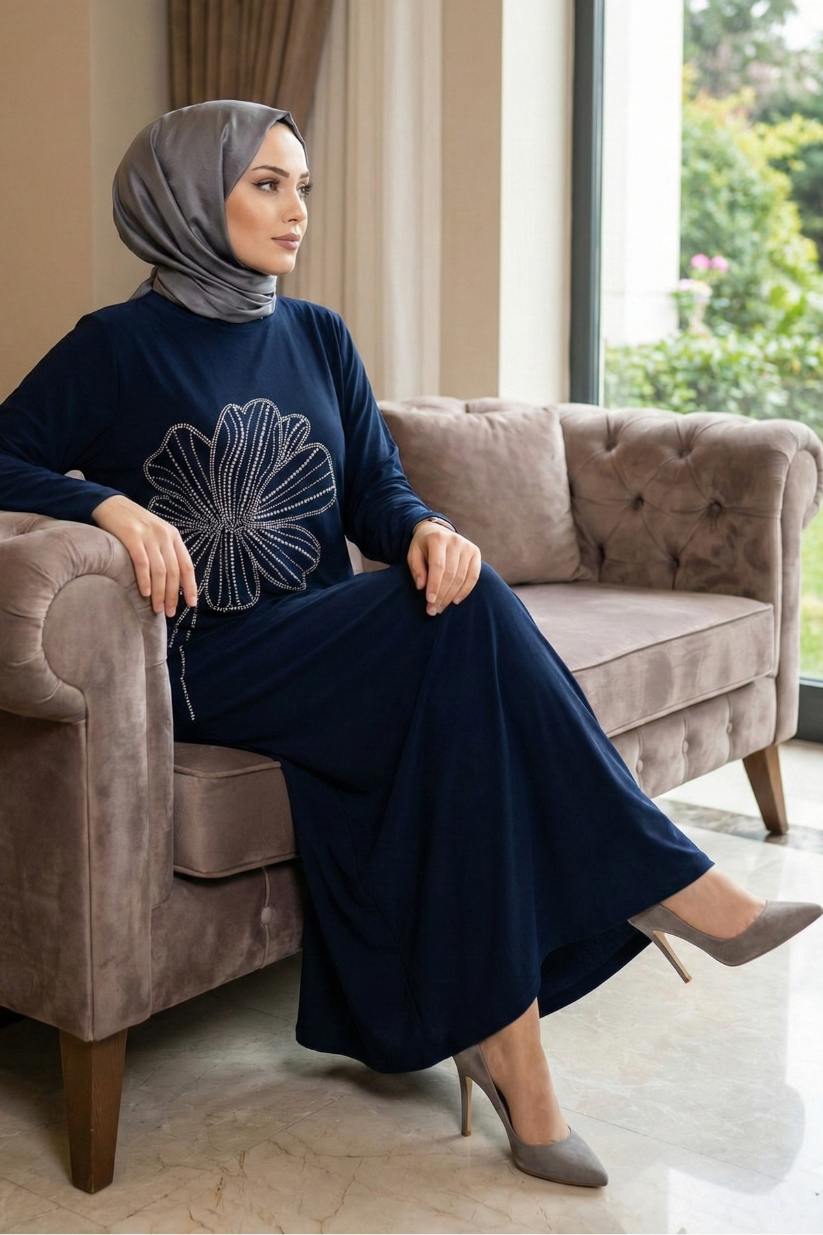 modamira  Kadın Sandy Lacivert Nursema Taş Detaylı Büyük Beden Tesettür Abiye Elbise - Görsel 3
